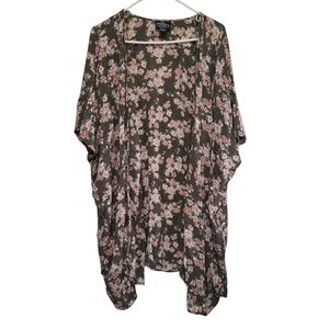 Angie Olive Green Floral Open Front Boho Waterfall Kimono Cardigan, Sz L
